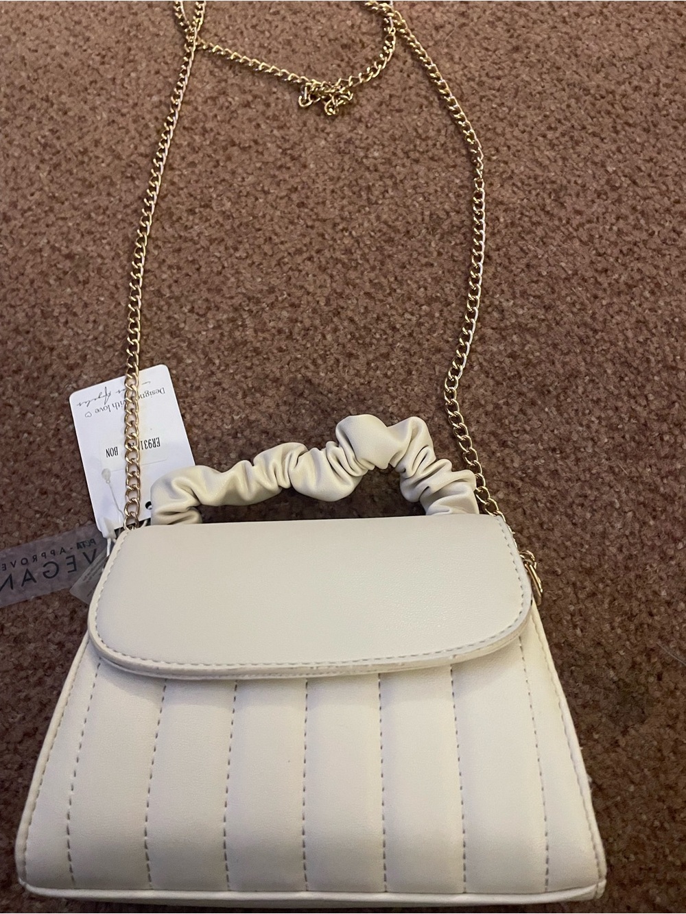 Cream Quilted Crossbody Bag with Gold Chain and Ruched Top Handle